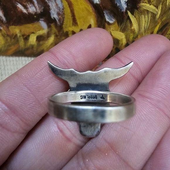 Sterling Silver Signed Bull Cow Steer Skull Turquoise Statement Ring - Picture 6 of 9